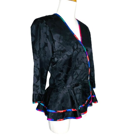 80s AJ Bari Jacquard Peplum Jacket 100% Silk Floral Piping Size 10 Vintage - Picture 2 of 10